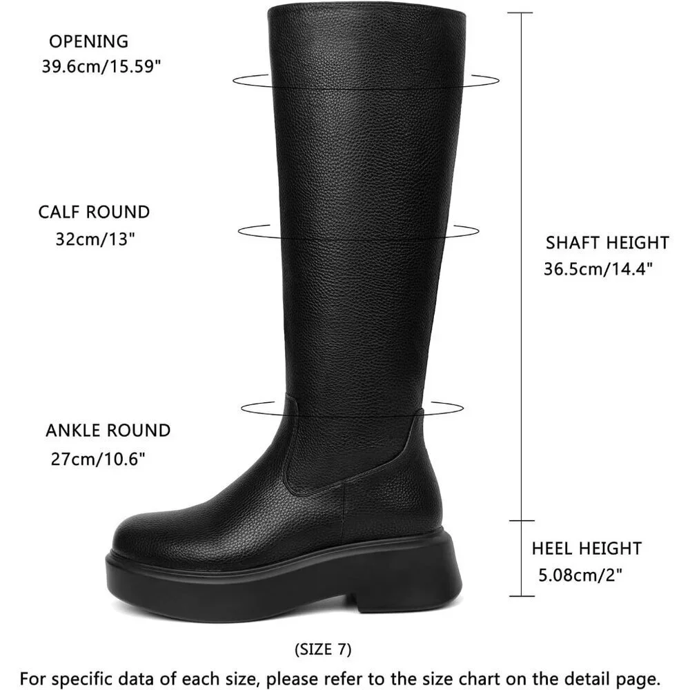 Women's Black Knee Leather Platform Chelsea Boots Front Zip Chunky Combat Bootie